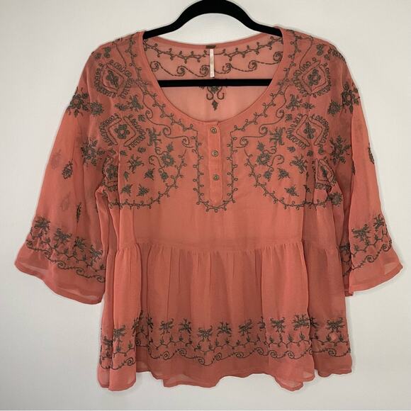 Free People Pennies Sequel Semi-Sheer Rust Embroidered Top Size M - Picture 2 of 6